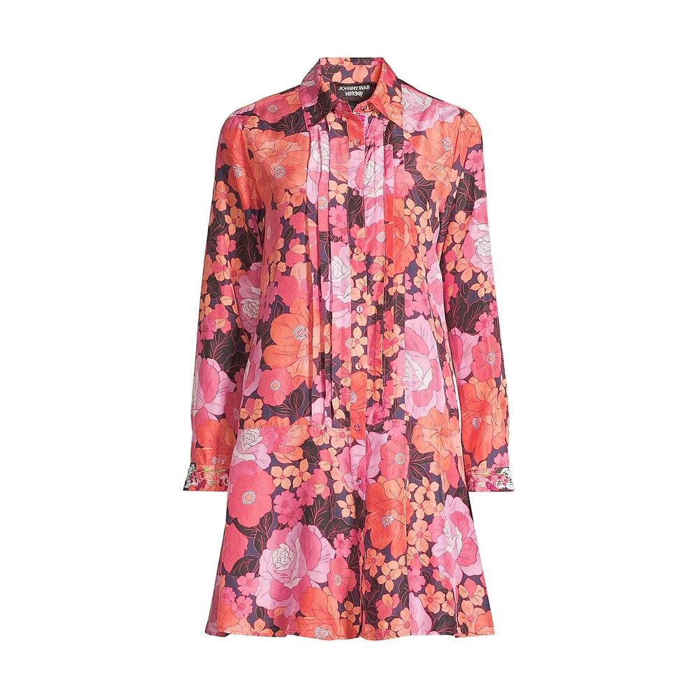 JOHNNY WAS Becca Floral-Print Pintuck Silk Mini Shirtdress Size Small Pink